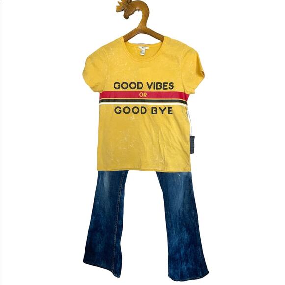 Forever 21 Yellow Good Vibes or Good Bye Graphic Special Wash T-shirt L - Picture 3 of 10